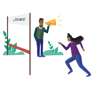 Free job coaching illustration showing lady supported over the line which says 'jobs'