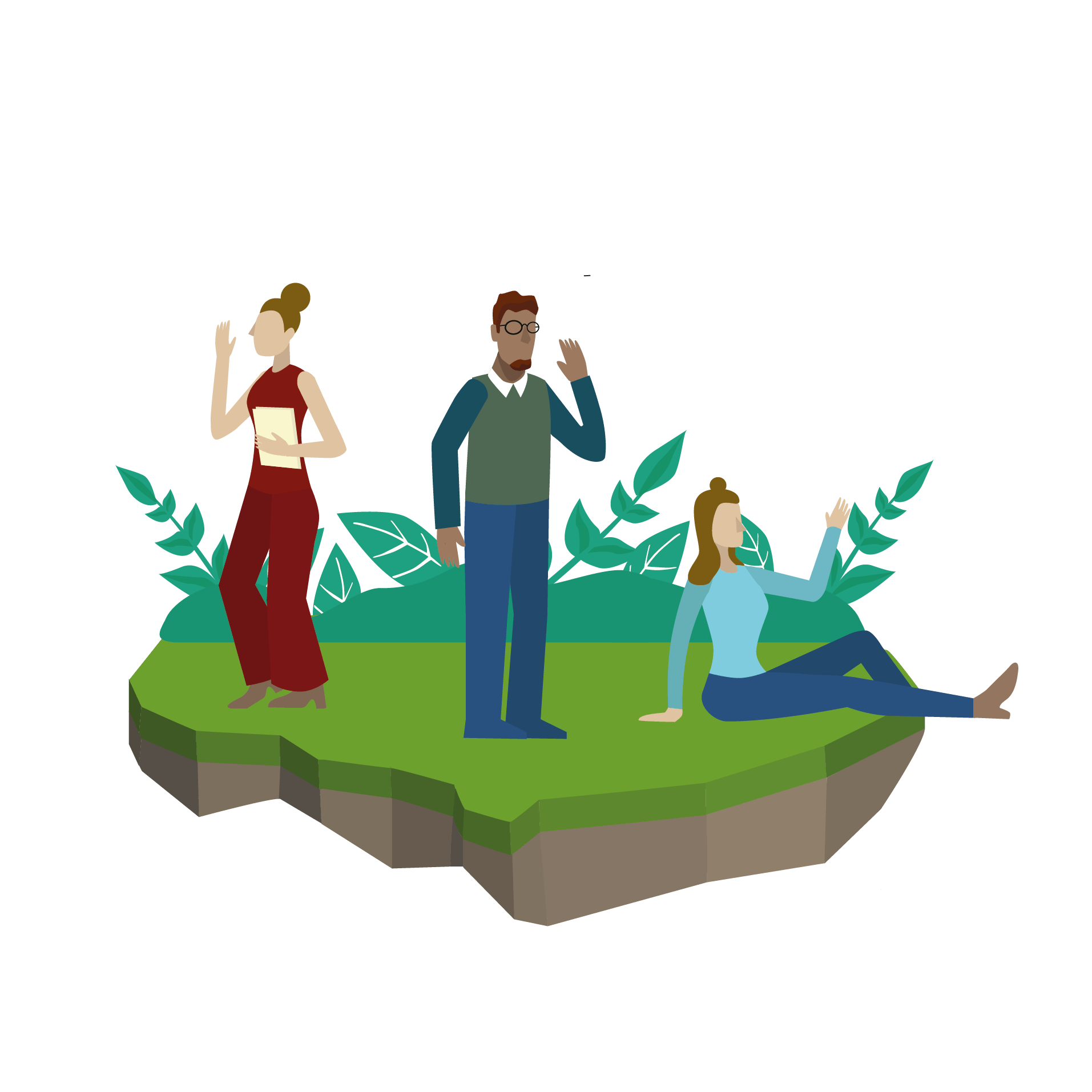 Header image for meet the team - three staff members on an island