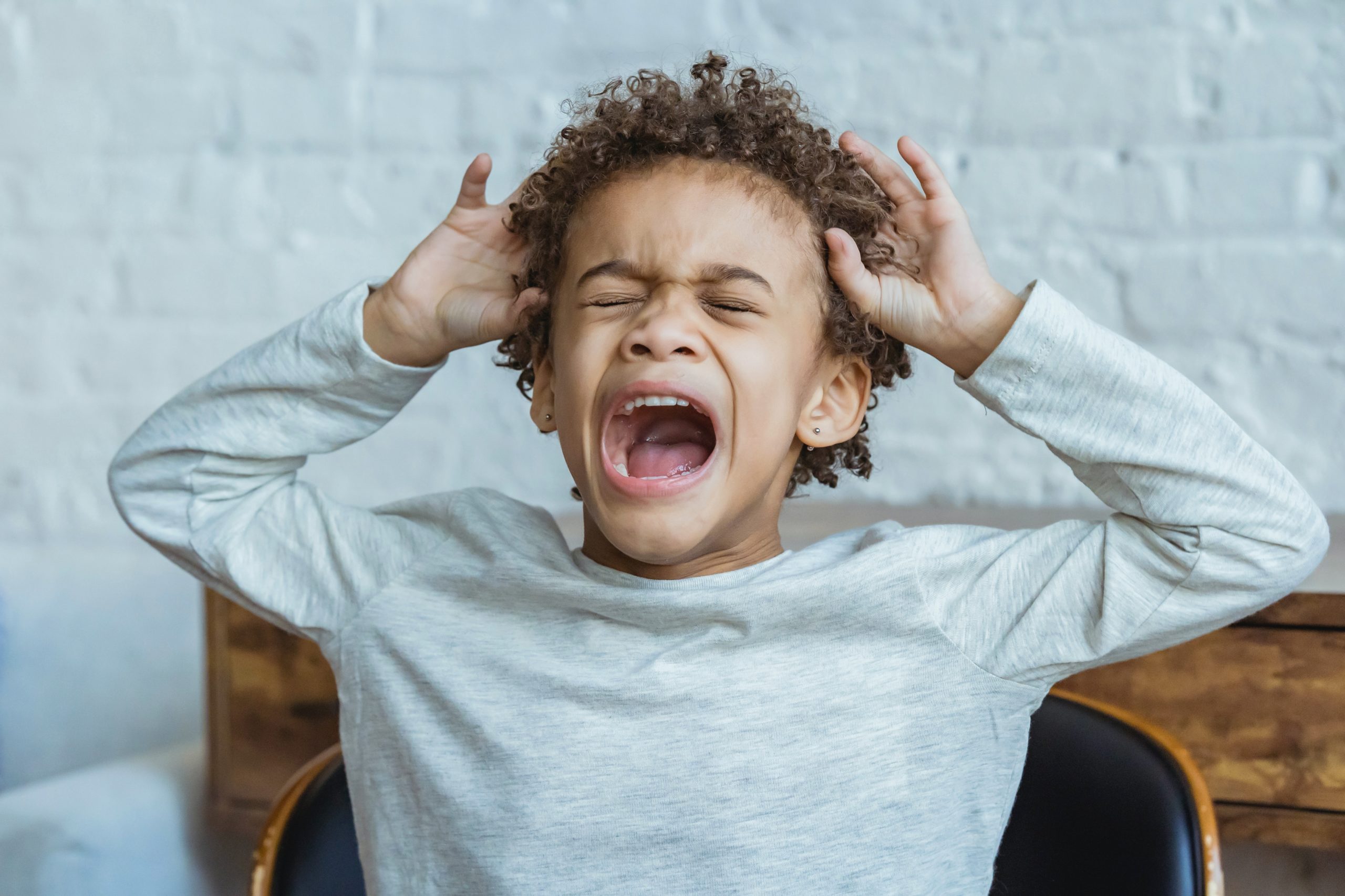 A young boy with short curly hair has his eyes closed, is screaming and has his hands on his head. He is throwing a tantrum.