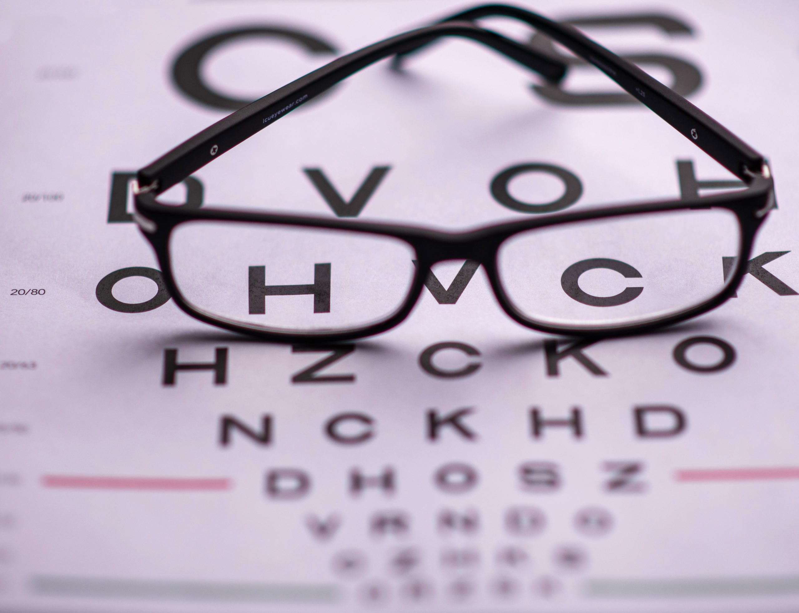 A pair of glasses lies on an eye test chart.