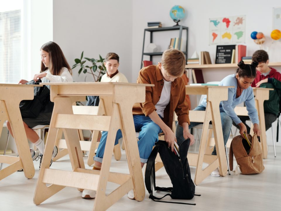 A group of schoolchildren are sitting on individual desks.
