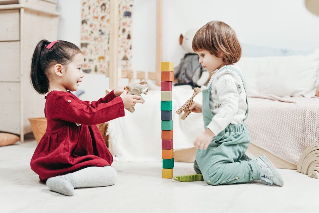 Two children are holding toy animals. A stack of building blocks stands between the children.