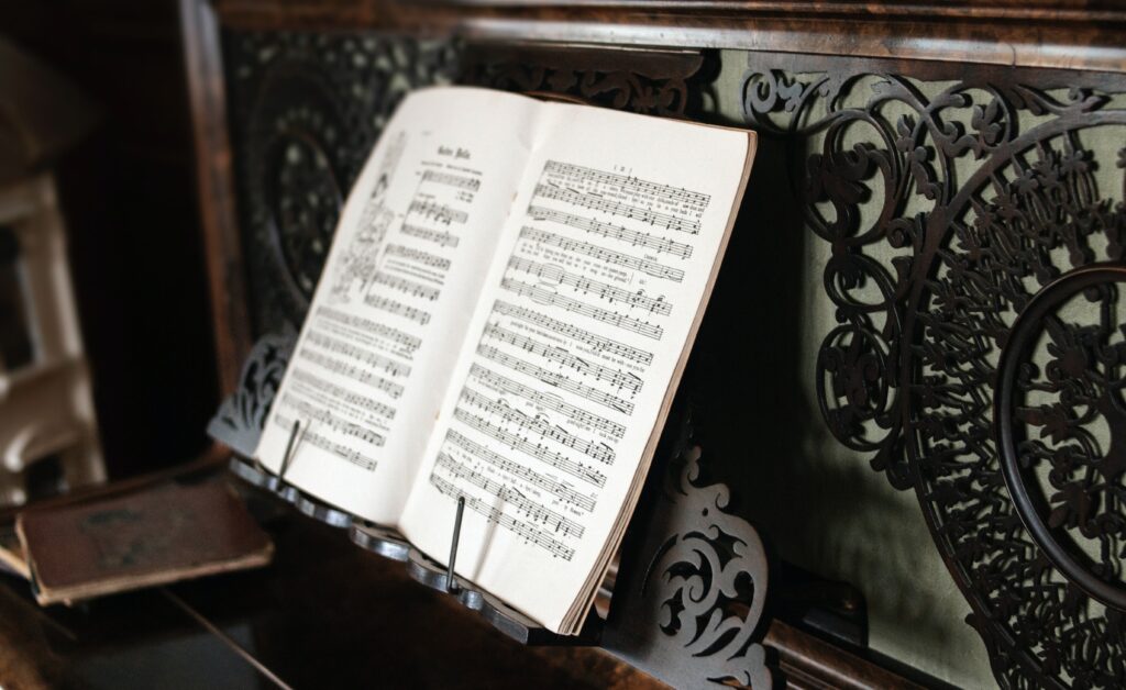 An open book of sheet music