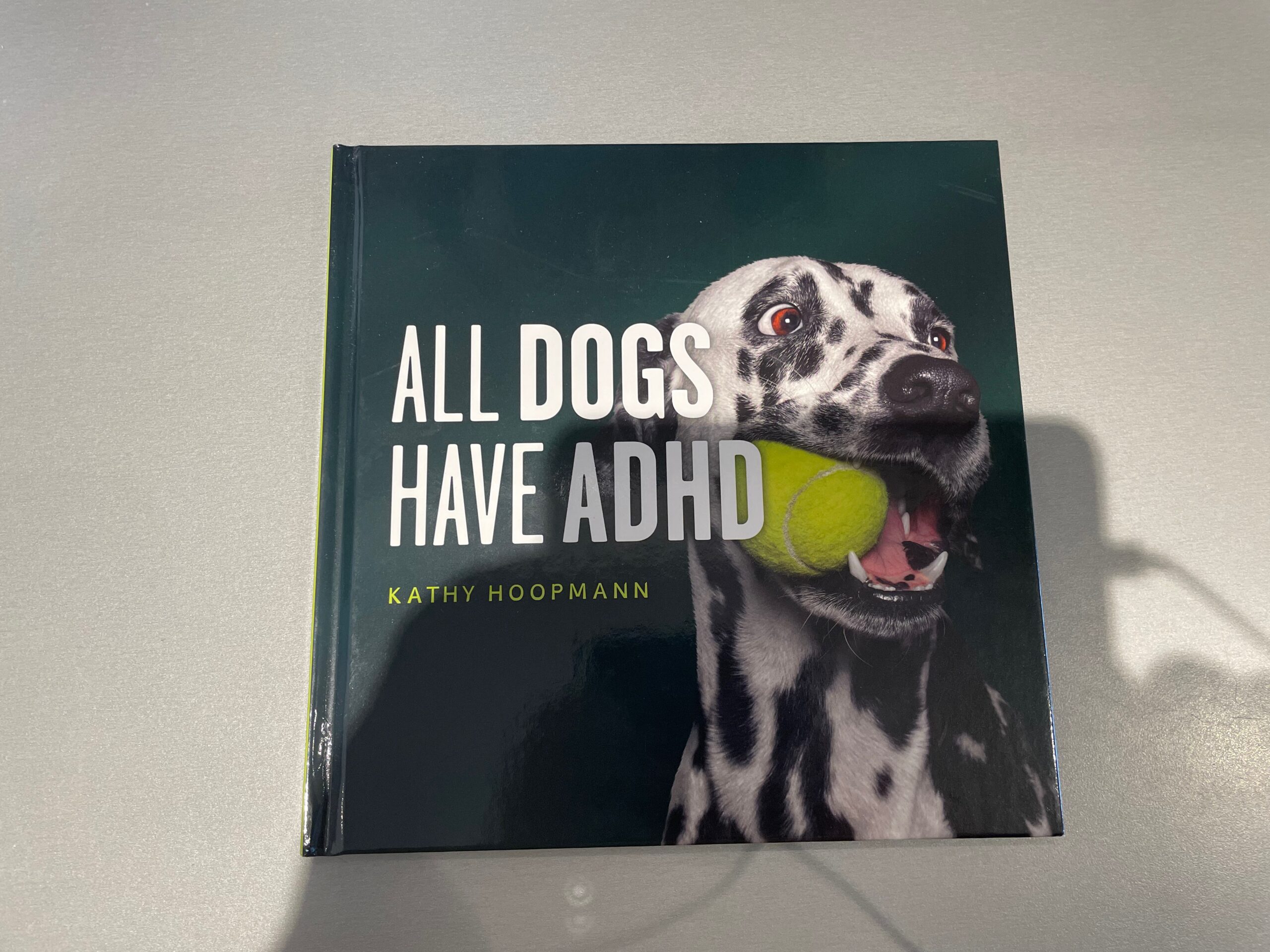 A book called All Dogs Have ADHD lies on a grey kitchen worktop.