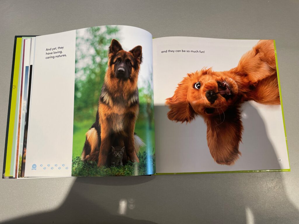 Two pages of All Dogs Have ADHD are open. The first shows a dog sitting on some grass. The text reads: "And yet, they have loving, caring natures." The second page shows a happy-looking puppy lying on its back. The text reads: "And they can be so much fun."