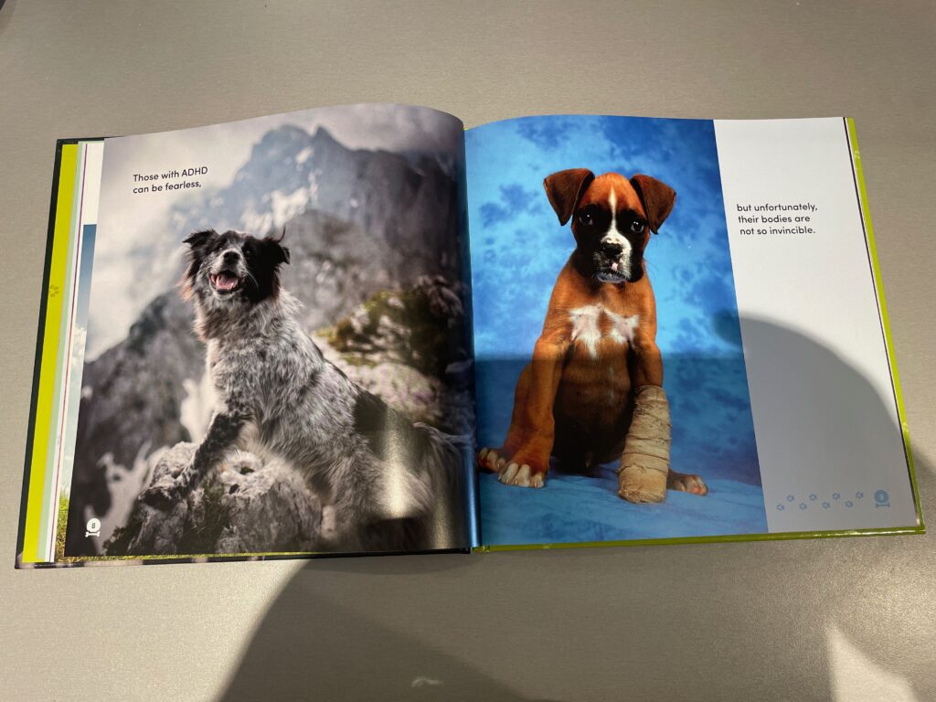Two pages of All Dogs Have ADHD are open. The first page shows a dog standing amongst some mountains. The text reads: "but unfortunately, their bodies are not so invincible." "Those with ADHD can be fearless." The second page shows a sad-looking dog sitting amongst a blue backdrop. The dog has a bandage around one of its legs. The text reads: "