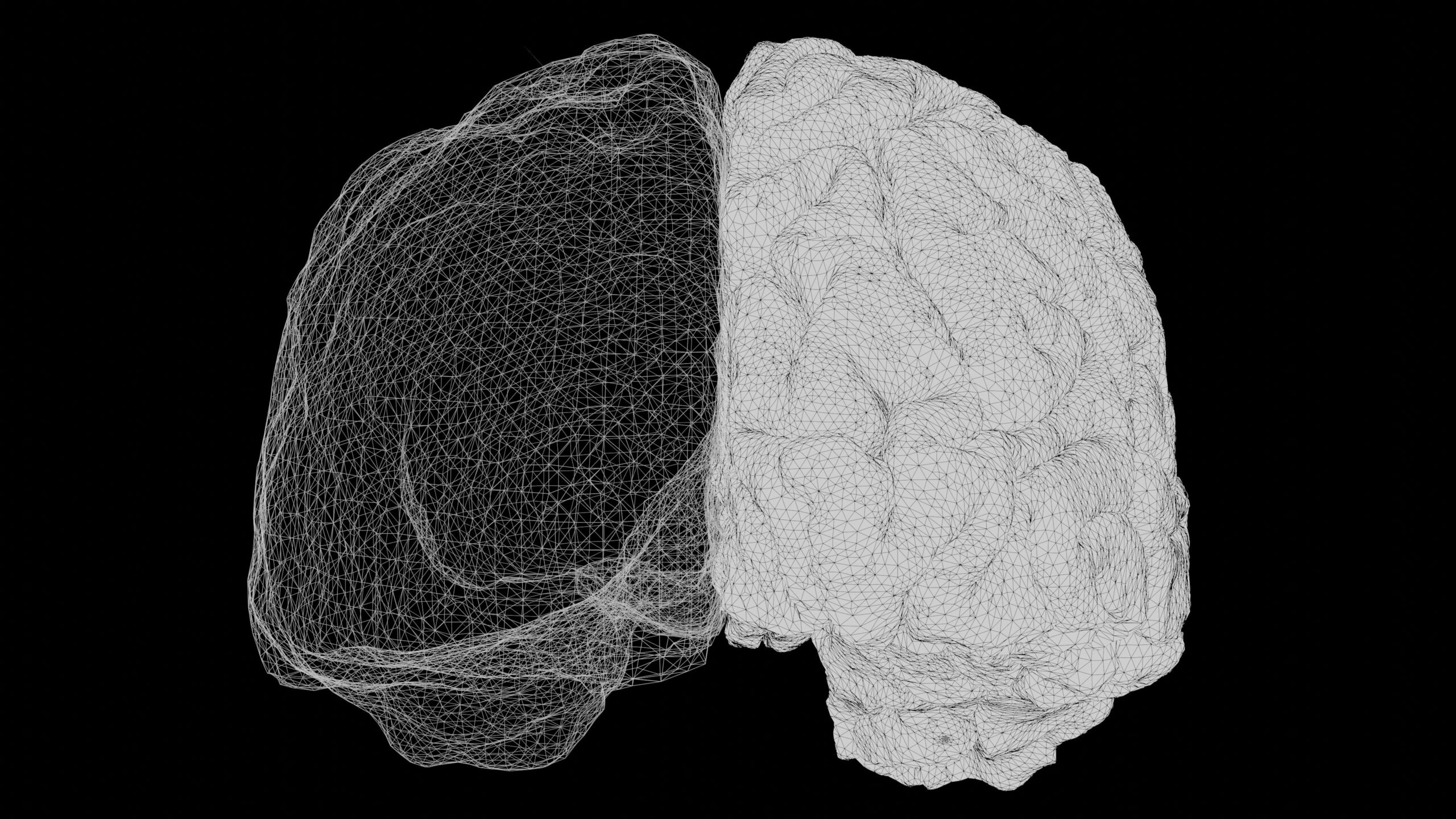 A brain graphic with a different pattern on each side lies on a dark background.